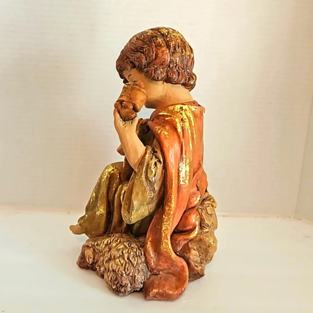 Vintage Gilded Shepard Boy and Sheep Resin Figurine